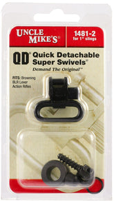 Close-up of Uncle Mike's QD 115 Blued swivel showing knurled sleeve and spring-loaded plunger